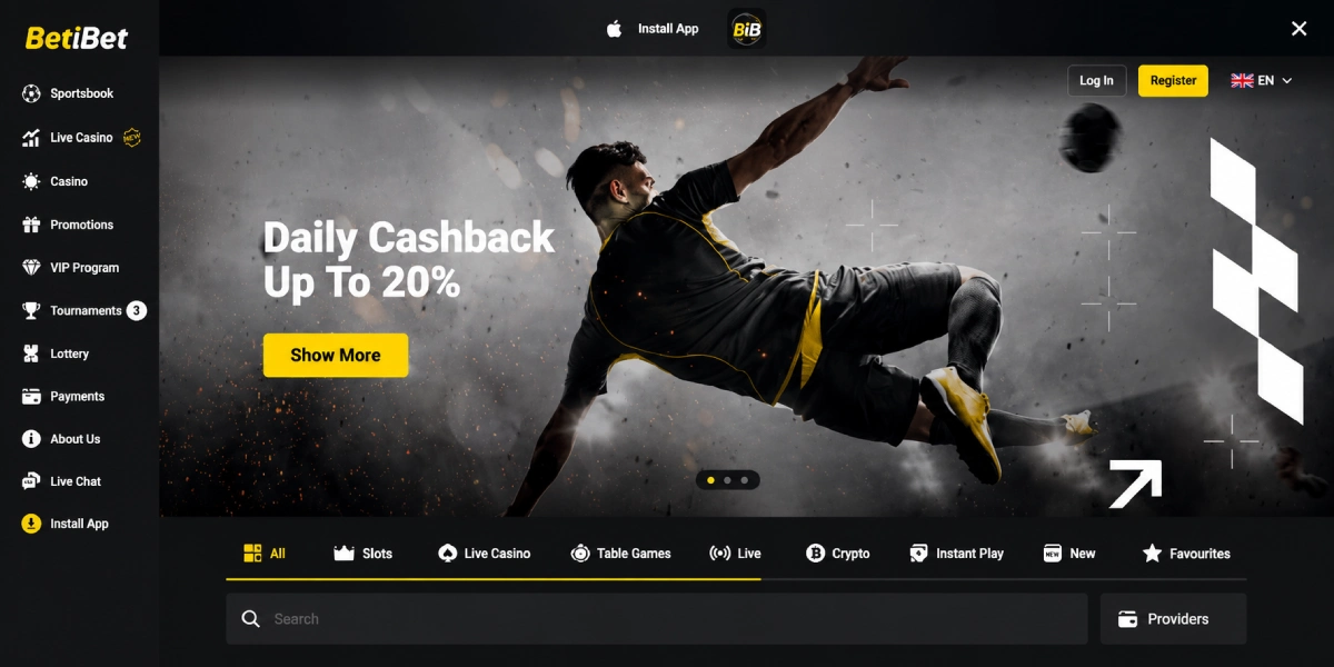 BetiBet forside med daglig cashback bonus op til 20%