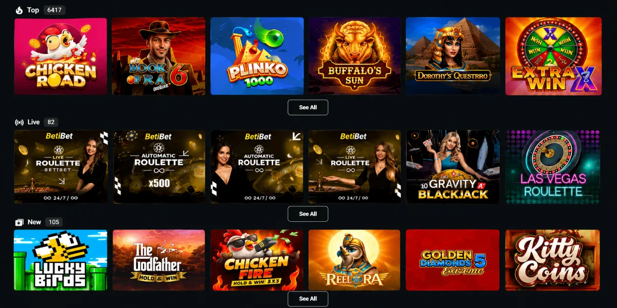 Populære spil, live casino og nye spillemaskiner hos BetiBet